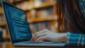 Close up Hands Typing Code on Laptop in Library Setting photo