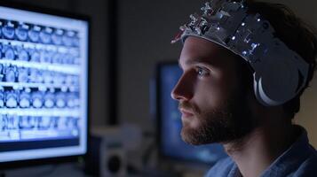 Focused Scientist Analyzing Brain Scans with EEG Headset in a Laboratory photo