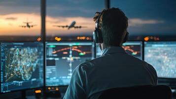Air Traffic Controller Managing Airplanes in Tower. Concept of aviation, technology, and transportation. photo