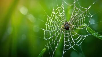 Spider web covered in morning dew with a spider in the center photo