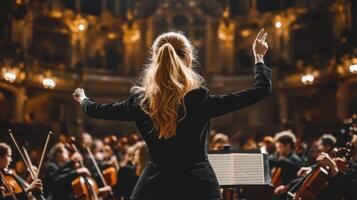 Woman conductor leading orchestra in a concert hall. Concept of music, art, performance, and classical music. photo