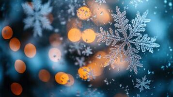 Snowflakes on window with bokeh lights. Winter, Christmas, holiday background. photo