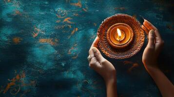 Hands holding a lit candle on a decorative plate, with a teal and gold background. photo