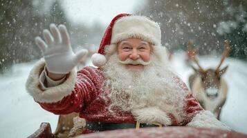Santa Claus Waving from Sleigh in Snowy Forest, Christmas Magic photo