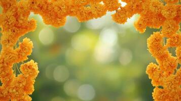 Marigold Flower Garland Frame with Bokeh Background photo