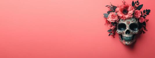 Day of the Dead or Sugar Skull decorated with flowers on pink background with copy space photo