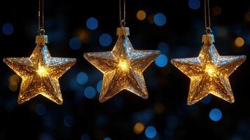 Three Glowing Star Ornaments on a Festive Bokeh Background photo