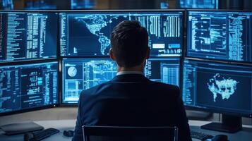 Cybersecurity Analyst Monitoring Global Network Security. Concept of data protection, threat intelligence, and cyber defense. photo