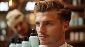 Handsome Man with Stylish Haircut in Barbershop, Grooming and Style photo