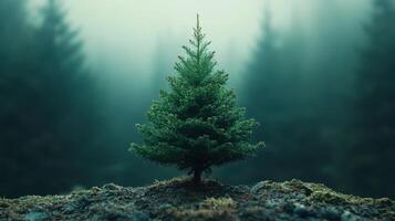 Single small pine tree growing on a hill in a misty forest. Concepts of solitude, resilience, new life, and the beauty of nature. photo