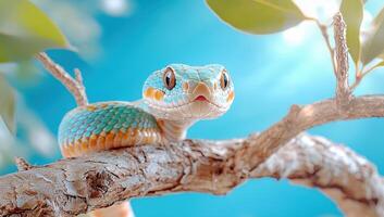 Blue viper snake on a tree branch. Wildlife, nature, reptile photo