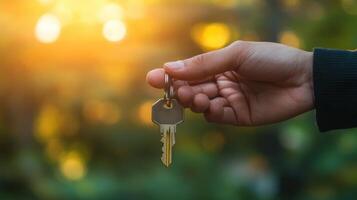 Hand holding house keys with bokeh sunset background. Concept of new home, real estate, property purchase, investment, and mortgage. photo