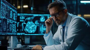 Serious Medical Scientist Working on Computer in Laboratory. Research and Development Concept photo