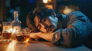 borracho hombre dormido a bar con whisky, alcoholismo concepto foto