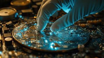 Gloved Hand Examining Illuminated Circuit Board, Technology and Innovation photo