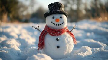 Snowman with red scarf and black hat. Winter snowman in snowy landscape. Christmas and New Year concept. photo