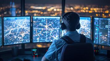 Air Traffic Controller Working in Airport Tower at Night, Monitoring Flights on Multiple Screens photo