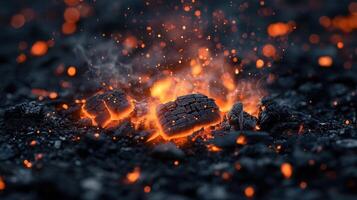 Glowing Embers, Close up of Burning Charcoal with Sparks and Smoke photo