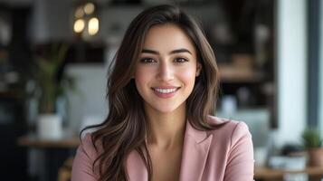 Confident Young Businesswoman Smiling at Camera in Office, Portrait of Success photo