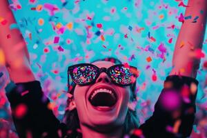 Euphoric Woman Celebrates with Confetti Explosion. Concept of Party, Joy, Excitement, and new year. photo