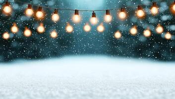 Magical winter scene with glowing string lights in falling snow, creating a cozy and festive atmosphere photo