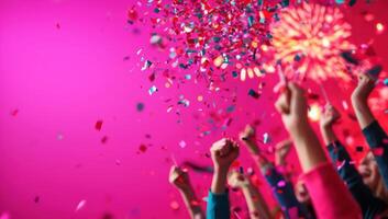 Celebrating with confetti and sparklers, Hands in the air at a vibrant party. Concept of new year, party photo