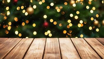Empty wooden table with blurred Christmas tree lights background photo
