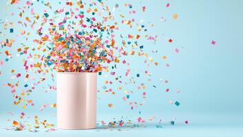 Pink party cup with colorful confetti explosion on a light blue background photo