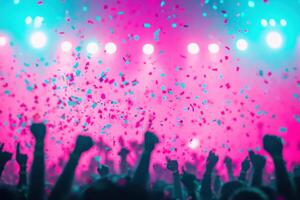 Crowd with hands up enjoying confetti falling down during a concert. Concept of celebration, party, entertainment, music festival, and nightlife. photo