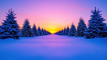 Winter background. Snowy path through a pine tree forest at sunset photo