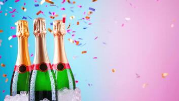 Three champagne bottles chilling in ice bucket with falling confetti on blue and pink background. Celebration, festive, party concept. photo