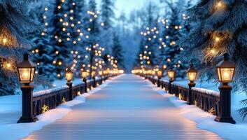 Snowy path lit by streetlights and surrounded by snow covered trees decorated with Christmas lights photo
