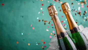 Two bottles of champagne chilling in ice bucket with confetti. photo