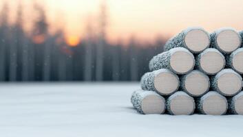 Stack of logs covered in snow in a winter forest at sunset. Concepts of winter, cold, nature, wood, warmth, forestry photo