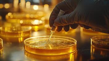 Scientist analyzing petri dish with pipette in laboratory. Research, experiment, science, biology, chemistry, biotechnology concepts photo
