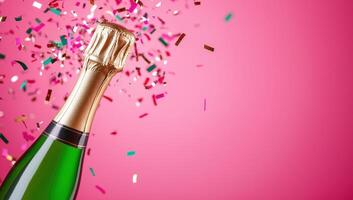 Champagne bottle popping with confetti explosion on pink background. Celebrating, festive, party concept. photo