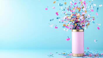 Pink party popper exploding with colorful confetti on a blue background. Celebration, surprise, or festive event concept. photo