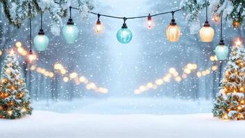 Christmas background with snow covered fir trees and hanging illuminated lights in winter forest. Festive bokeh lights and falling snow effect. photo