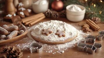Christmas Baking Scene, Flour, Cookie Cutters, and Gingerbread Men photo