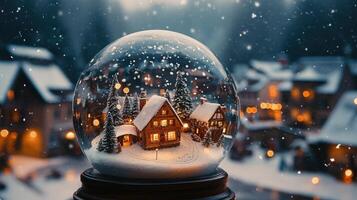 Snow globe featuring a cozy winter village scene with illuminated houses and falling snowflakes. photo