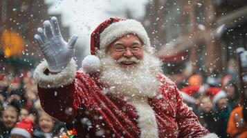 Jolly Santa Claus Waving in Snowfall, Christmas Cheer photo