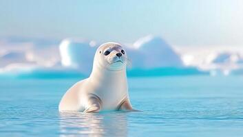 Harp seal pup on ice floe in arctic landscape. Concept of wildlife, nature, and climate change photo
