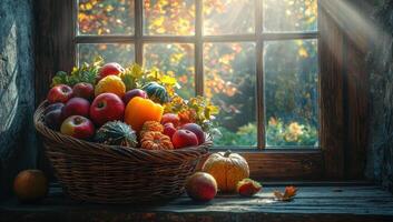 Autumn Harvest Basket, Apples, Pumpkins, and Fall Colors by a Window photo