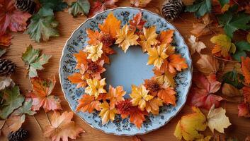Autumn Leaf Wreath on Plate, Fall Table Decoration photo