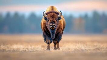 American Bison standing in a field, staring directly at the camera. photo