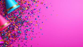 Colorful party hats and confetti on a vibrant pink background with copy space. photo