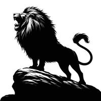 Majestic Lion Roaring While Standing on a Rock in Powerful Silhouette vector