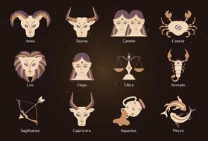 Zodiac astrology horoscope design set. Elegant symbols and icons of horoscopes with names on the dark brown background vector