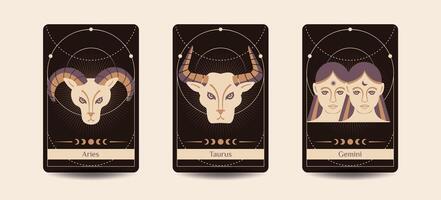 Aries, Taurus, and Gemini zodiac symbols are hand drawing styles on a dark brown background, Fit for paranormal, tarot readers, and astrologers vector