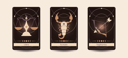 Libra, Scorpio, and Sagittarius zodiac symbols are hand-drawing styles on a dark brown background, Fit for paranormal, tarot readers, and astrologers vector